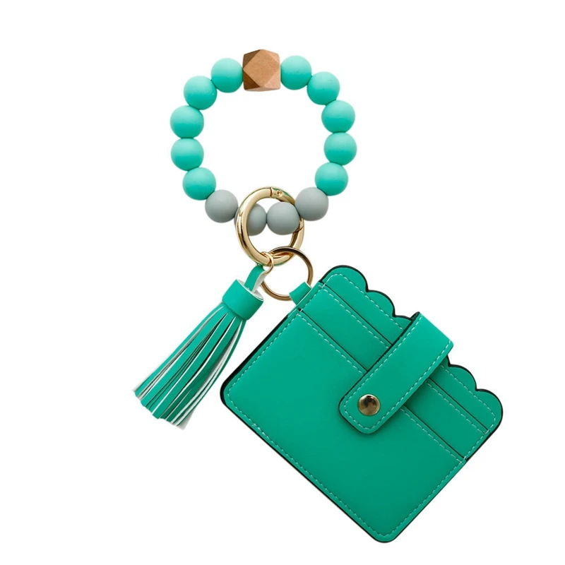 

Wristlet Keychain Bracelet Credit Card Holder Wallet Key Ring Silicone Tassel Keychain Beaded Bangle For Women