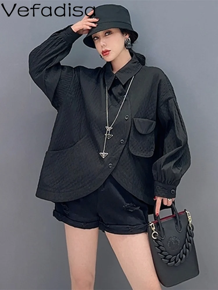 

Новинка осени 2023, модная рубашка Vefadisa, Однотонная рубашка-поло с воротником, индивидуальная Женская одежда, модное черное пальто для девушек ZY156