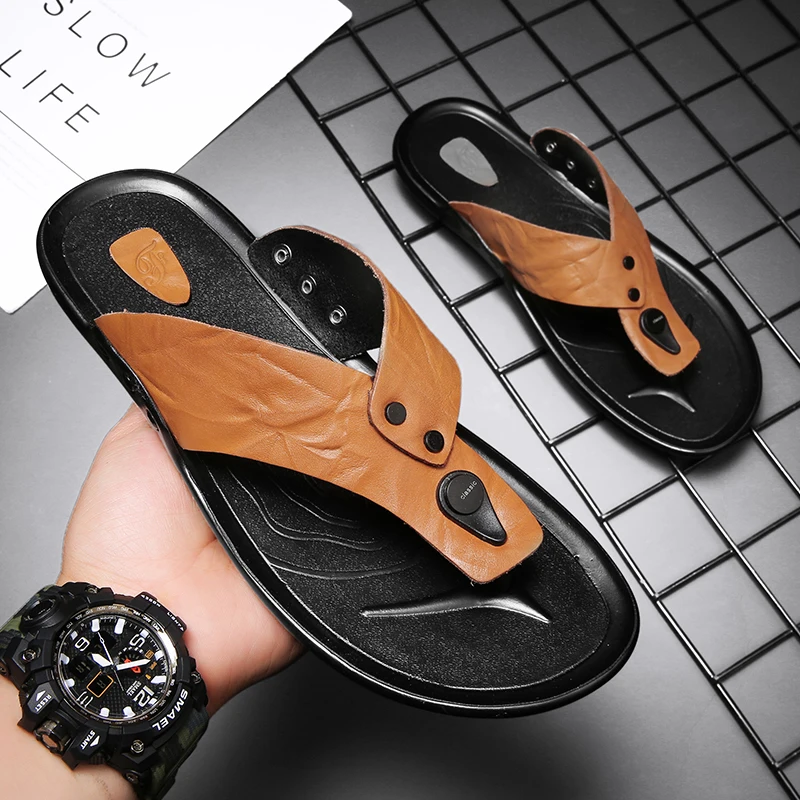 Hot Sale Leather Men's Vacation Beach Sandals Travel Leisure Outdoor Flip-Flops Lager Size Indoor Home Slippers 38-45#