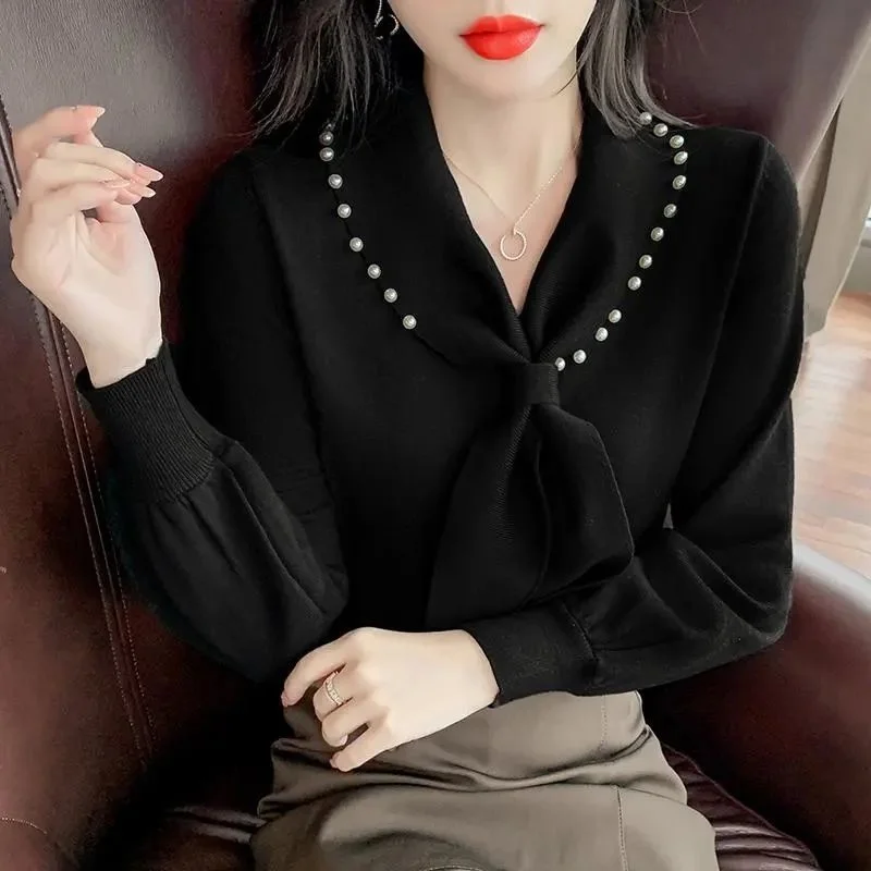 

2023 Spring Summer New Women's Korean Pullover Bow Neck Solid Blouse Female's Long Sleeve V Neck Office Lady Professional Shirt