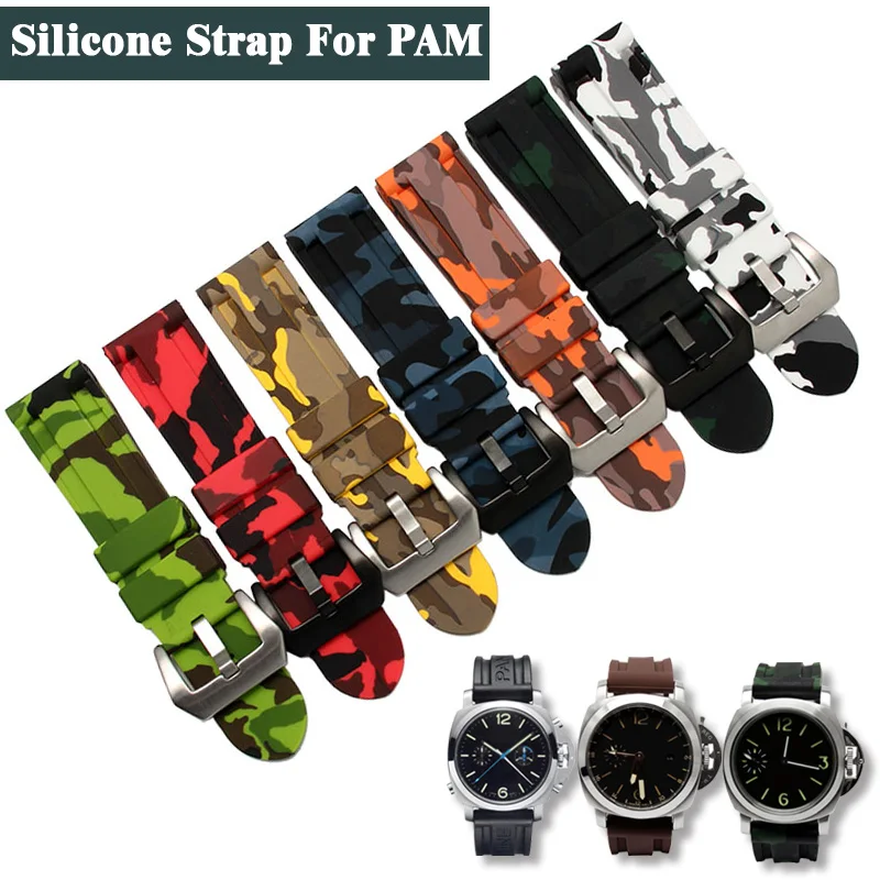 

Ремешок силиконовый Камуфляжный для часов, резиновый спортивный браслет с пряжкой с язычком, подходит для часов Panerai из серии LUMINOR PAM