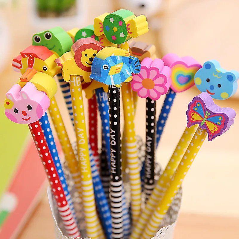 

10Pcs/Lot Kawaii Cartoon Eraser Pencil HB Wood Stationery Pencil Cute Animal Eraser Sketching Pencils School Supplies Pencils