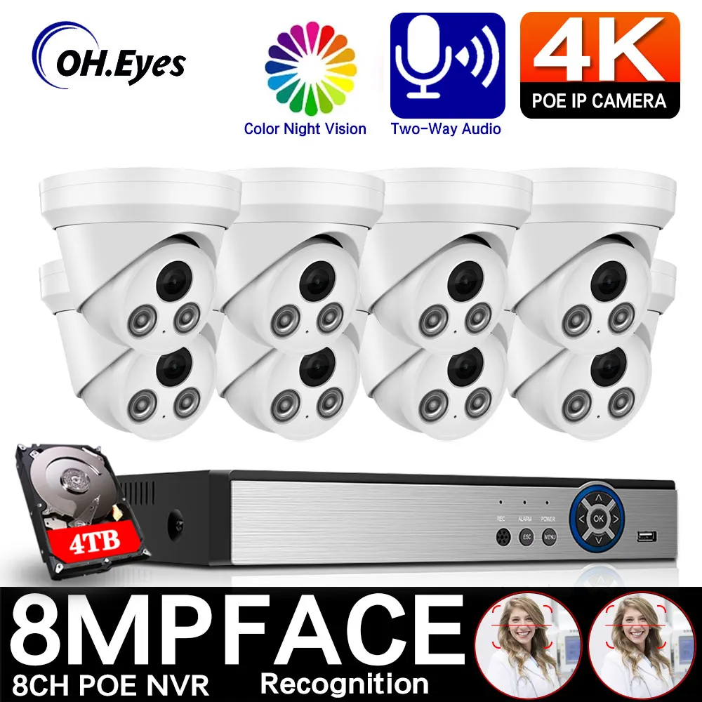 

4K 8MP Face Detection POE Security IP Cameras System NVR Kit Dome Outdoor Street Color Video 8CH CCTV Recording Surveillance Set