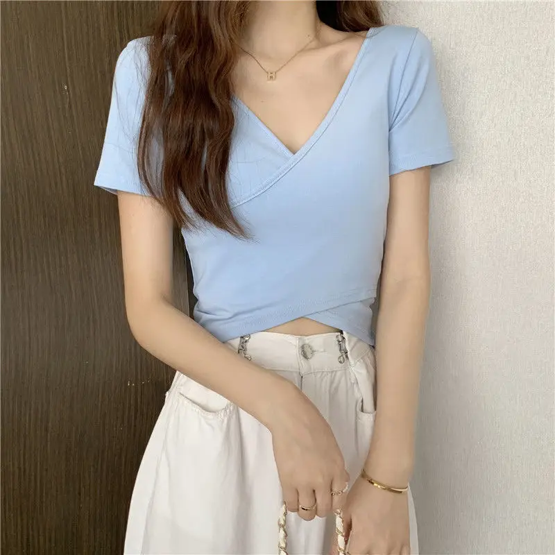 

Korean Summer Design Cross Short Sleeved T-shirt Women Sexy Short Shirt Top Girls V Neck Woman T-shirts Kawaii Clothes 2022