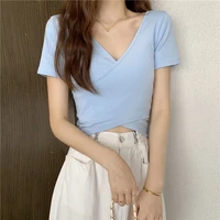 korean summer design cross short sleeved t shirt women sexy short shirt top girls v neck woman t shirts kawaii clothes 2022