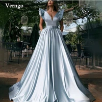 verngo pale blue satin a line evening dresses v neck cap sleeves pockets floor length prom dress dubai women formal gown