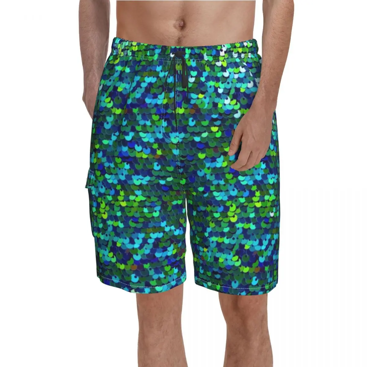 

Emerald Sequins Pattern Board Shorts Hot Green Glitter Design Beach Short Pants Males Elastic Waist Comfortable Swimming Trunks