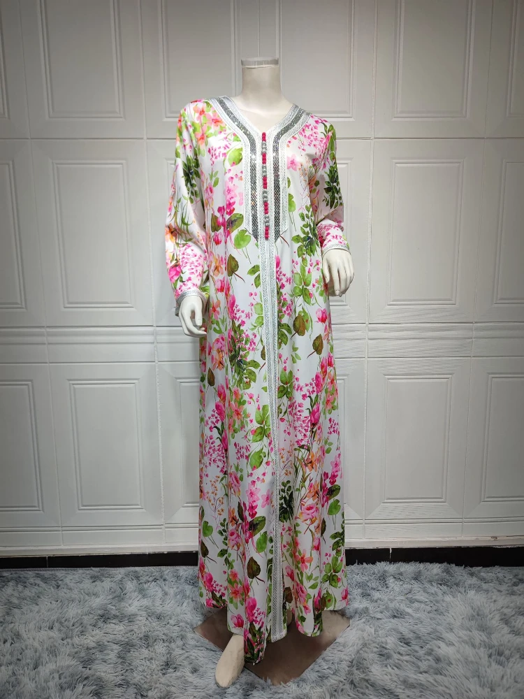 Abaya Dress 2023 Spring Summer Muslim Women Long Sleeve V-neck Polyester Printing Long Abaya Muslim Fashion Dress