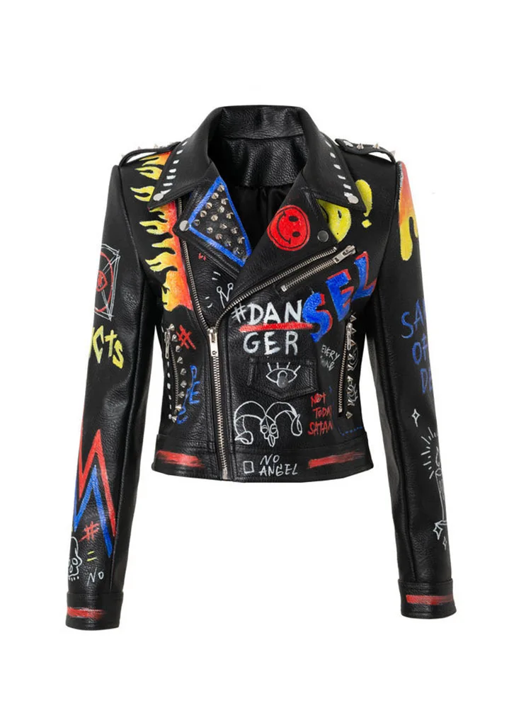 ZURICHOUSE Personality Graffiti Print PU Leather Punk Rivet Jacket Women Slim Short Streetwear Locomotive Leather Jackets Female