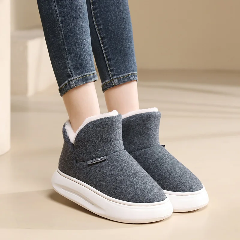 Women Solid Color Cotton Slippers Waterproof Outdoor Indoor Unisex Family Fluffy Booties Couple Winter Plush Warm Cotton Slipper