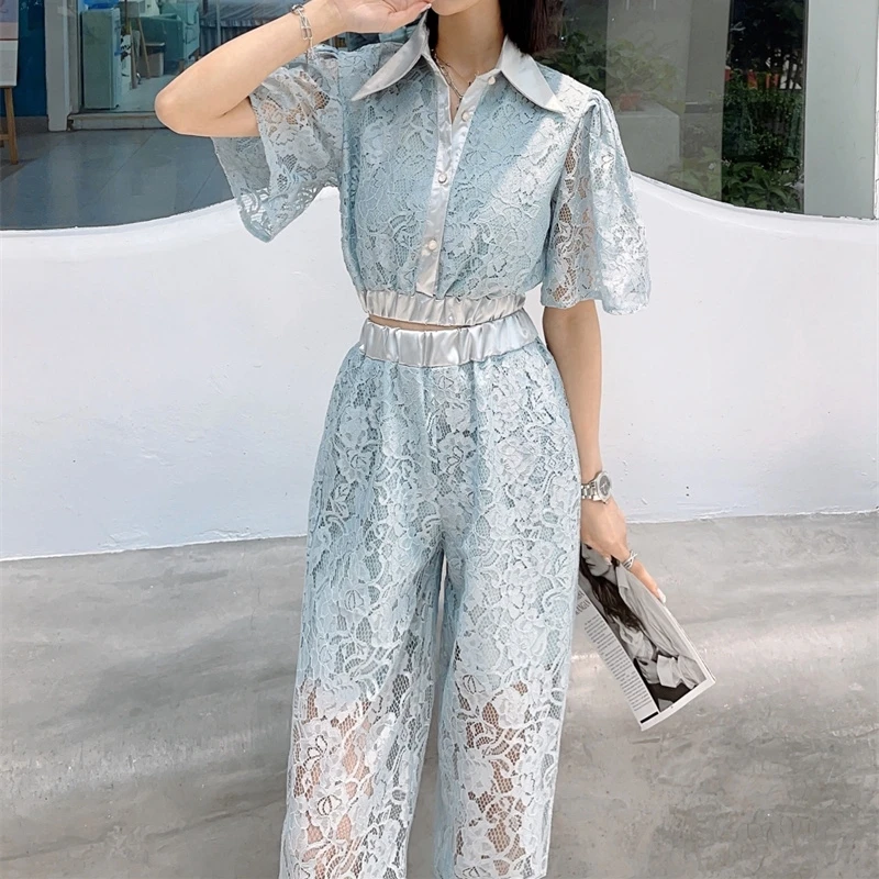 

New Summer Women Hollow Out Lace Blouse Tops+Wide Leg Long Pant 2 Piece Set Female Elegant Solid Casual Lady Lace Trousers Suits