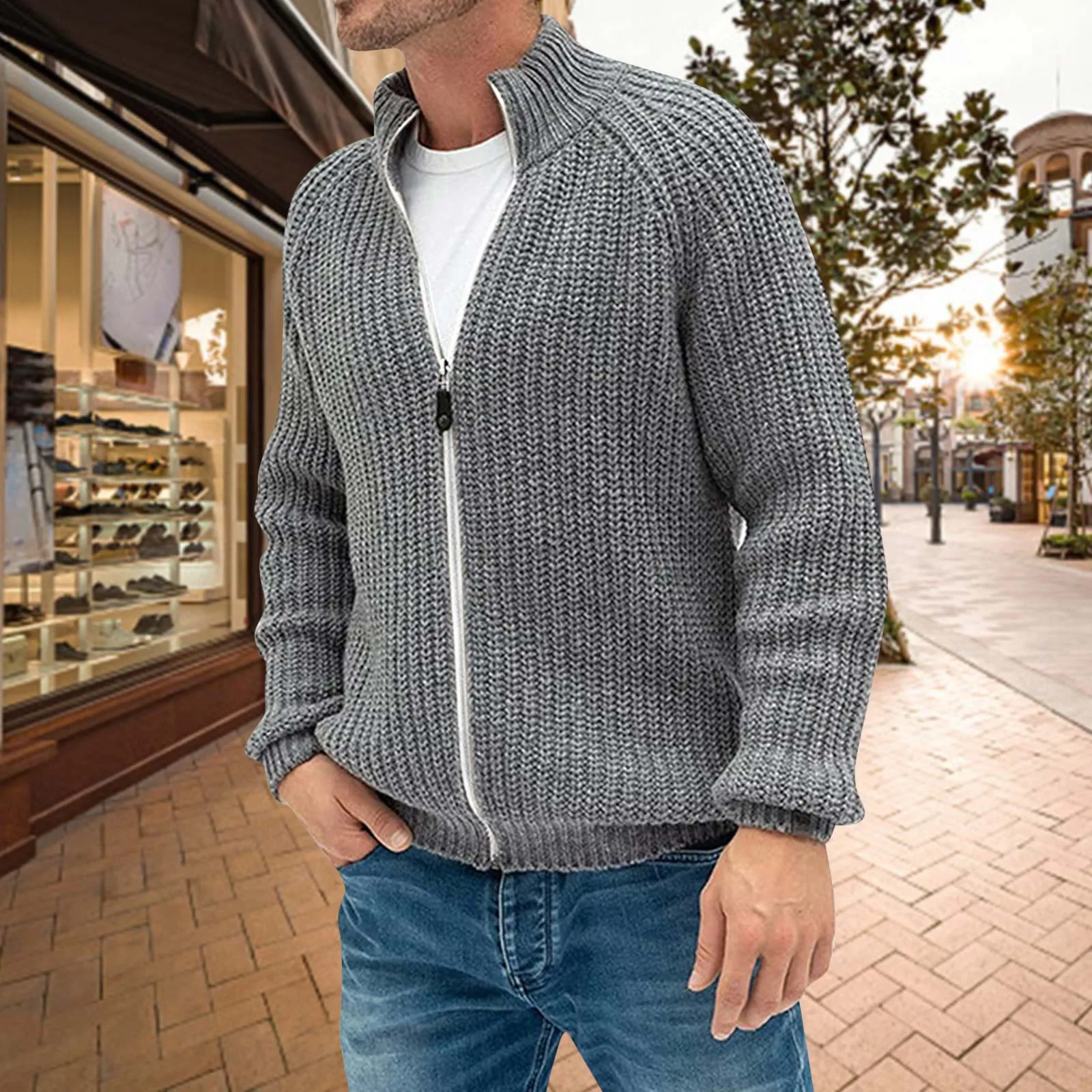 

Sweater Knit Sweatercoat Cardigan Thickened Neck Long Fashion Winter Casual Solid Zipper Sweater Color Sleeve Autumn Mens