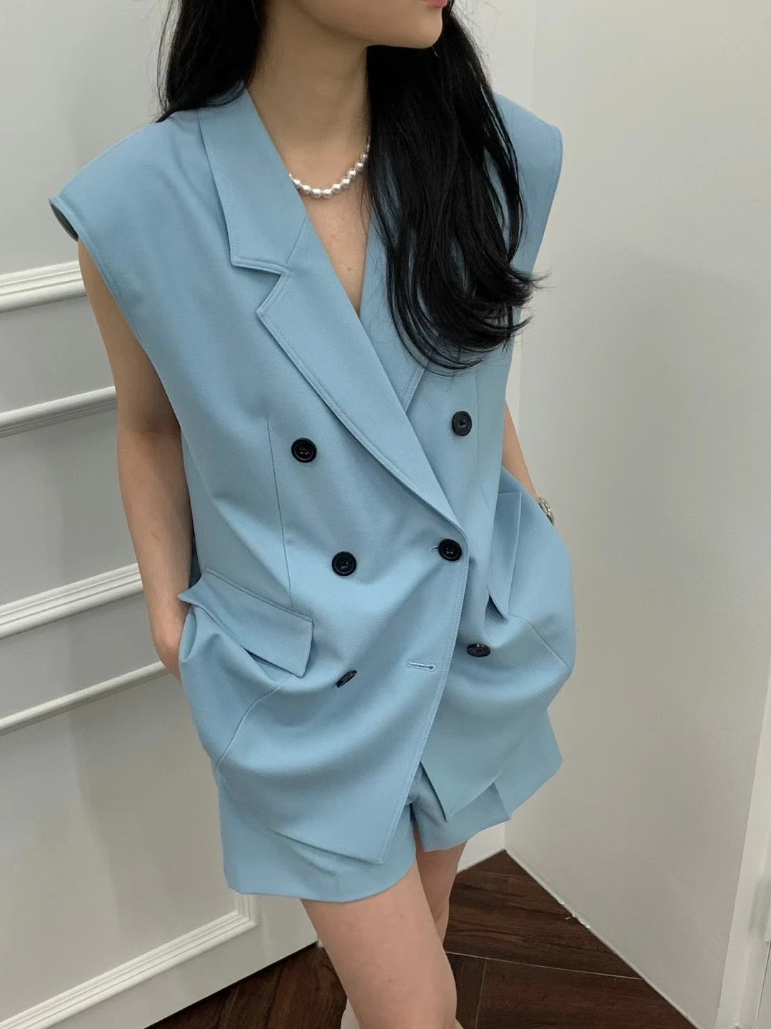 

Женский винтажный костюм с отложным воротником, повседневный двубортный Свободный жилет в Корейском стиле, лето