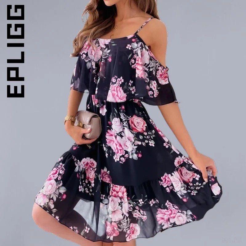 

Epligg Sexy Off Shoulder Spaghetti Strap Floral Print Elegant Dress Temperament Club Robe Chic Vestidos Dress Woman Female