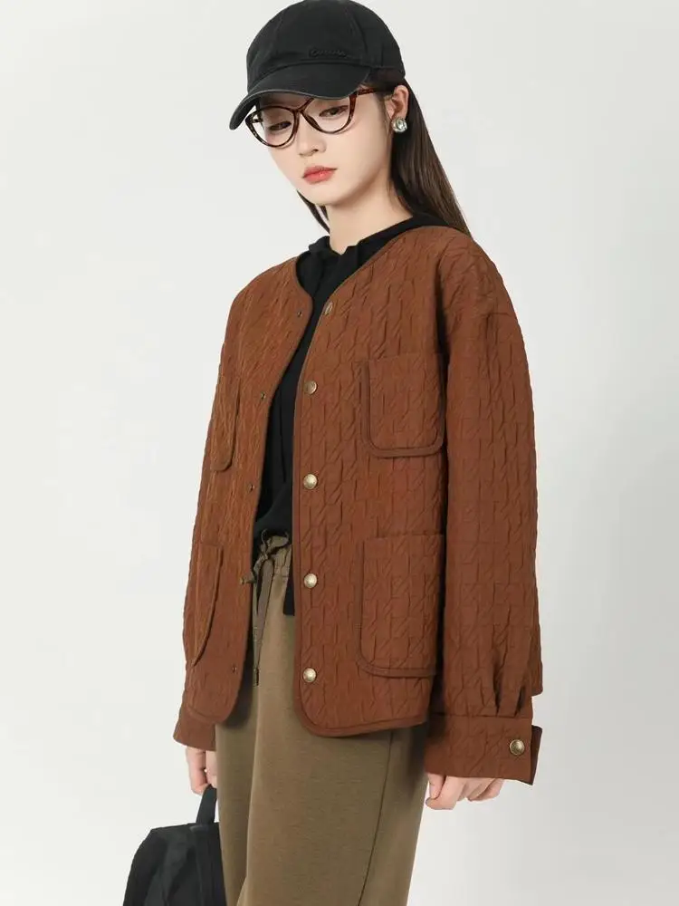 Girdear Amashi Zheng 2024 осенне-зимняя одежда с карманами и круглым вырезом хлопковая