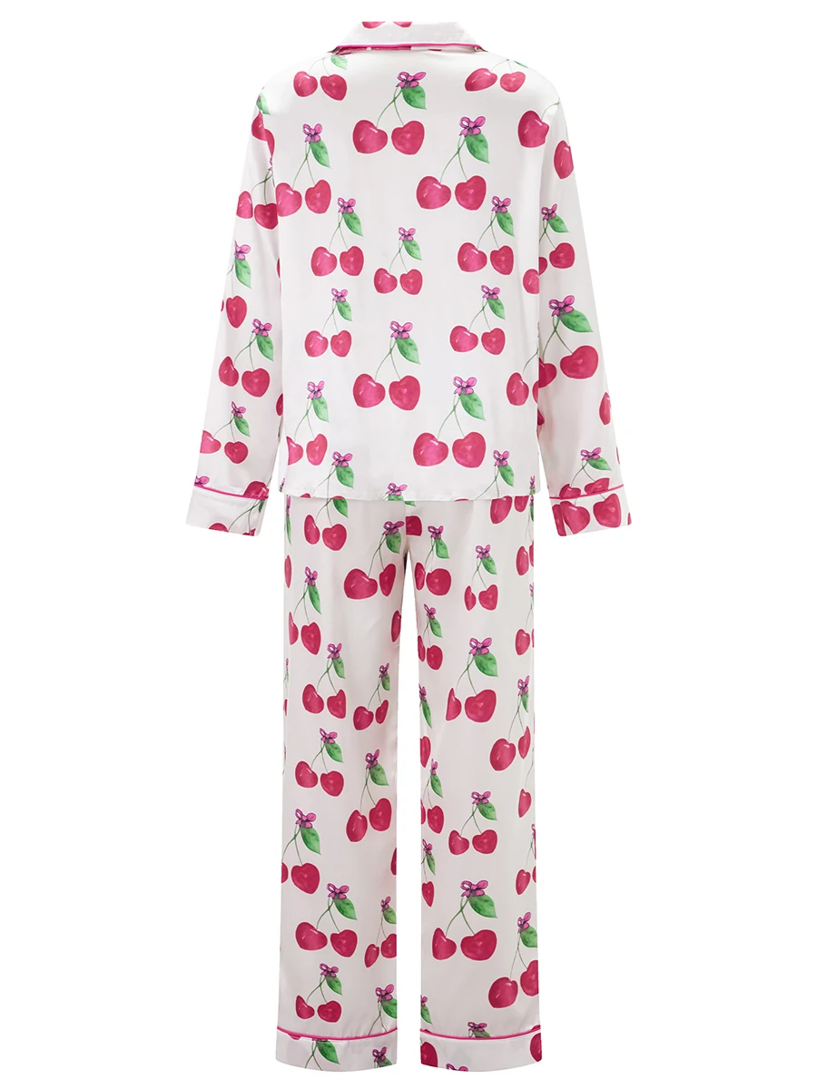 Женский атласный пижамный комплект с вишневым принтом топы на пуговицах