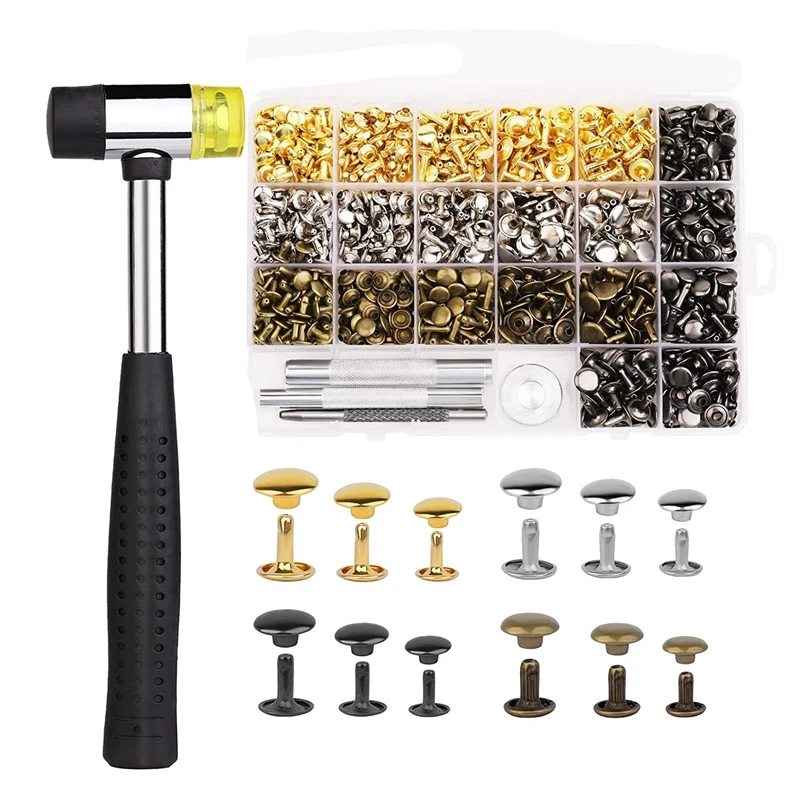 

AT14 480 Set Leather Rivets Kit 4 Colors Double Cap Rivets 3 Sizes Rivets For Leather With Rubber Hammer Fixing Tool Kit