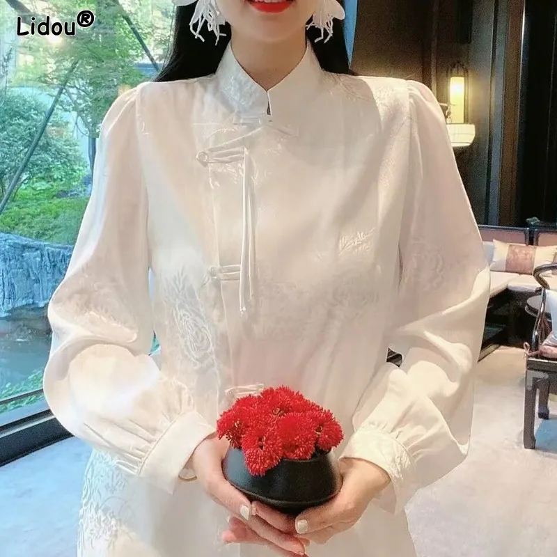 

2023 Women's Clothing Solid Loose Fashion Spring Summer Chinese Style Handsome Button Stand Collar Lacing Asymmetrical Blouses
