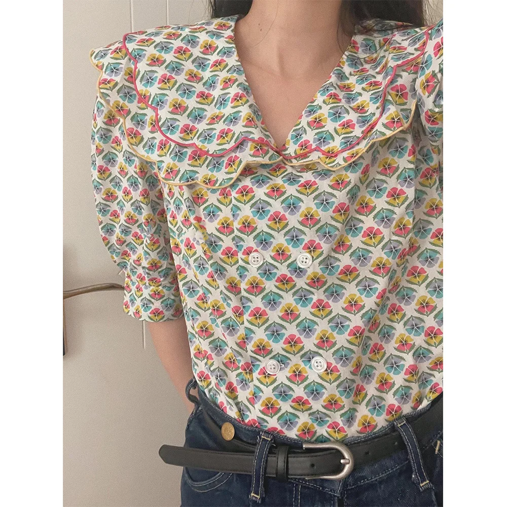 

23 summer new Korean retro hit colour seven-minute sleeve doll collar printed shirt female blouse