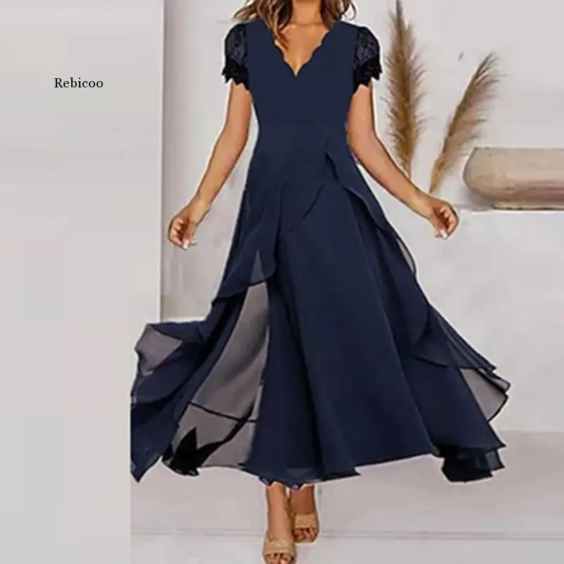 Elegant See-through Mesh Lace Long Dress Women Fashion O Neck Ruffle Loose Party Dress 2022 Casual 3/4 Sleeve Solid Beach Dress