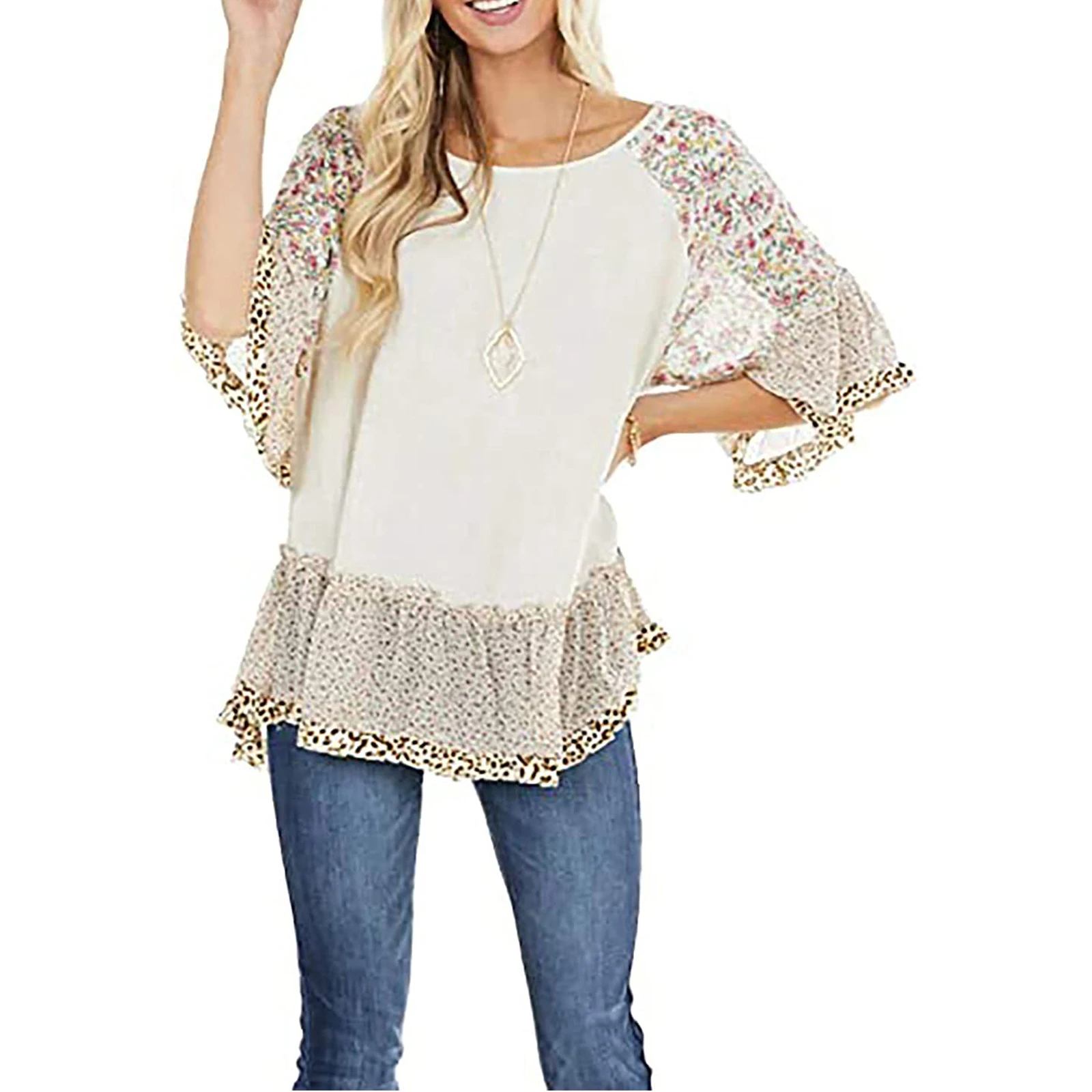 

Women's Half Sleeve T-shirt Leopard Floral Printed Patchwork Round Neck Loose Fit Tops Casual Simple Style Shirt Blouse
