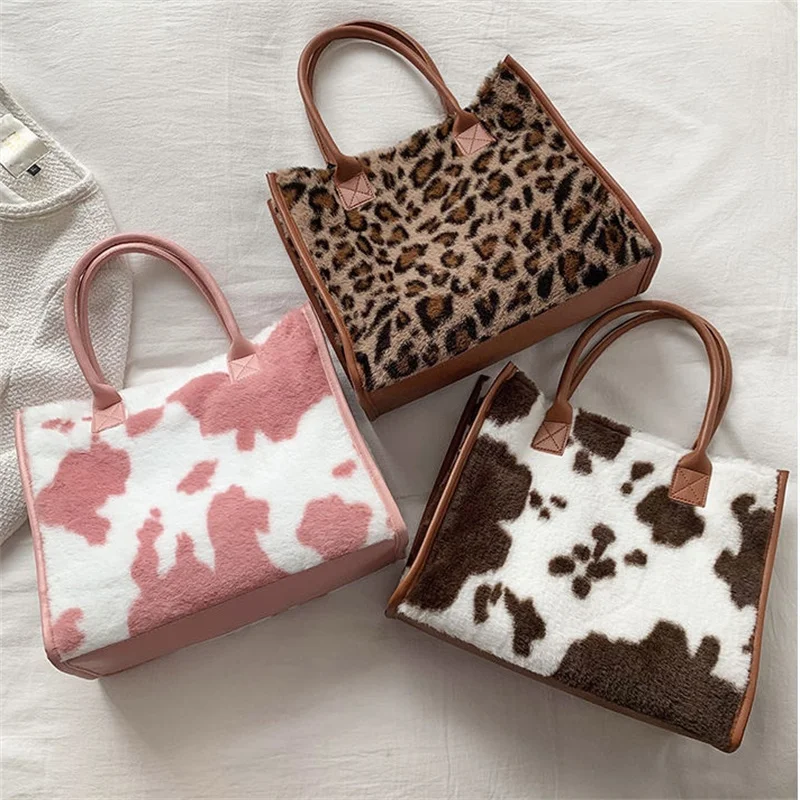 

New Winter Tote Bag For Women High-capacity Retro Leopard Print Fluffy Shoulder Handbag Vintage Plush Fashion Pink Brown Autumn