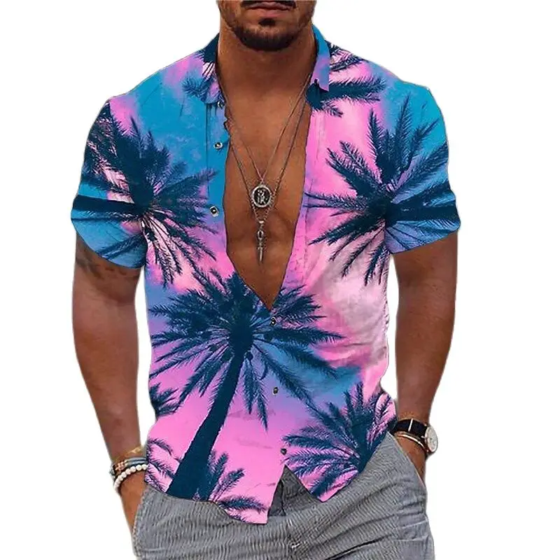 Men's Coconut Tree Print T-shirts Fashion Trend Tops Single-breasted Short-sleeved Comfortable Shirt Summer Clothes