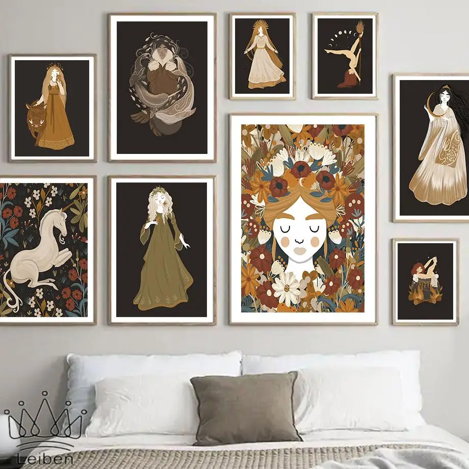 

Boho Greek Myth Goddess Witches Canvas Painting Nordic Abstract Flower Girl Wall Art Posters and Prints Home Decor Living Room