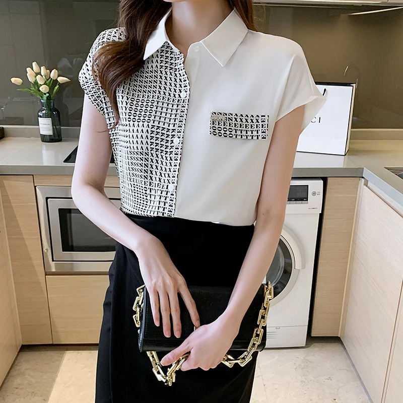

Summer Women Shirt Korean Fashion Letter Poplin Leisure Splicing Loose Polo Collar Bat Short Sleeve Top Movafag
