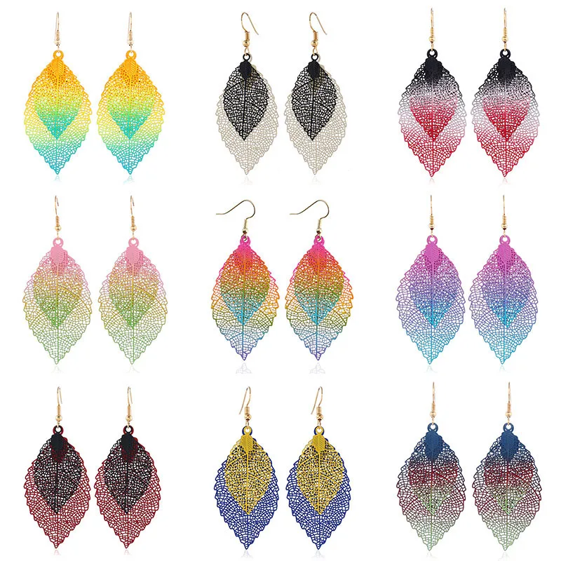 

Fashion Long Gradient Color Leaves Earrings for Women Boho Elegant Double Layered Hollow Metal Leaf Hook Earrings Party Jewelry