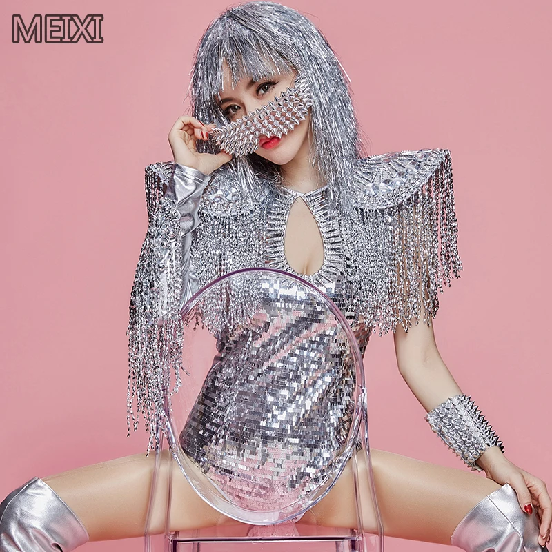 

Glittery ultramodern fringe jumpsuit party nightclub bar concert DJ singer/dancer costume