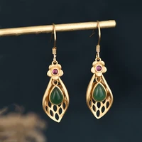 chinese style new earrings magnolia flower gold plated women high quality gold hollow shell shape emerald jade earrings jewelry