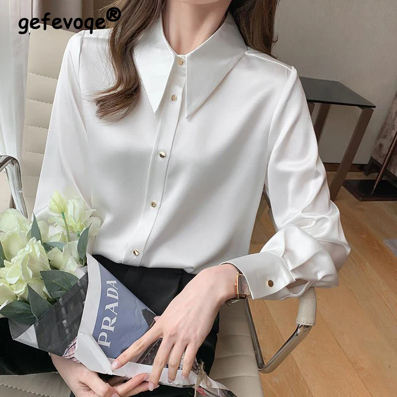 Elegant Korean Fashion Simple Office Lady All Match Button Shirt Casual Solid Loose Long Sleeve Chiffon Blouse Top Women Blusas