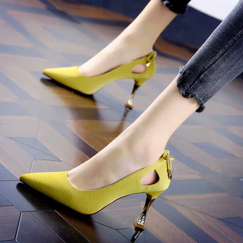 

2022 Female Casual High Quality Pointed Toe Yellow Slip on Stiletto Heels for Office Women Party Black Heel Shoes Zapatos Dama