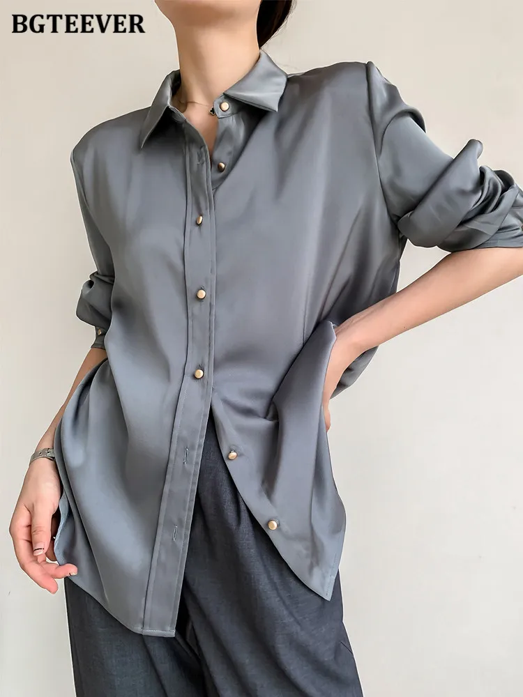 

BGTEEVER Elegant Lapel Women Solid Blouses Full Sleeve Single-breasted Loose Female Satin Shirts 2022 Spring Summer Tops