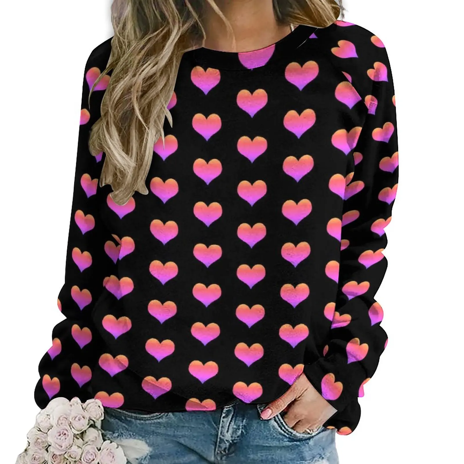 

Pink Hearts Print Casual Hoodies Valentine's Day Retro Graphic Hoodie Winter Long Sleeve Street Fashion Oversize Sweatshirts