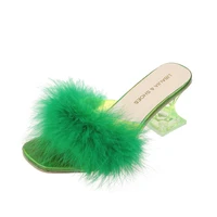 green feather slippers pvc crystal high heel square toe solid color fashion sandals hot 2022 party banquet peep toe pumps shoes