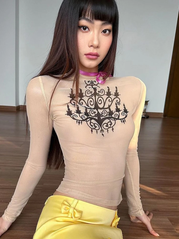 

Ice Silk Mesh Personalized Printed Long Sleeve T-shirt Lightweight and Thin Perspective Pure Spicy Girl Underlay Show Thin Top