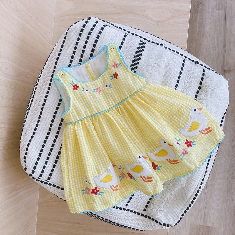 

Fashion Cute Baby Girls Dresses Summer O-neck Comfortable Plaid Cartoon Embroidery Single Breasted Princess Birthday Dress 2-6Y