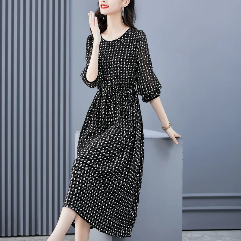 

2022 New Fall Fashion Black Print Dress Women's Beach Style Women's Casual Holiday Party Party Fashion Knee Length Dress
