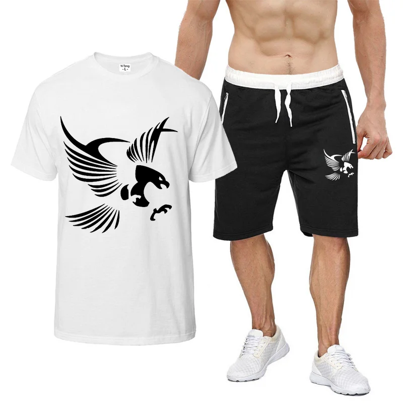

Men's New Cotton T-Shirt Suit 2022 Summer Fashion Eagle Print Short Sleeve + Shorts Two Piece Loose O Neck Top Casual Sportswear