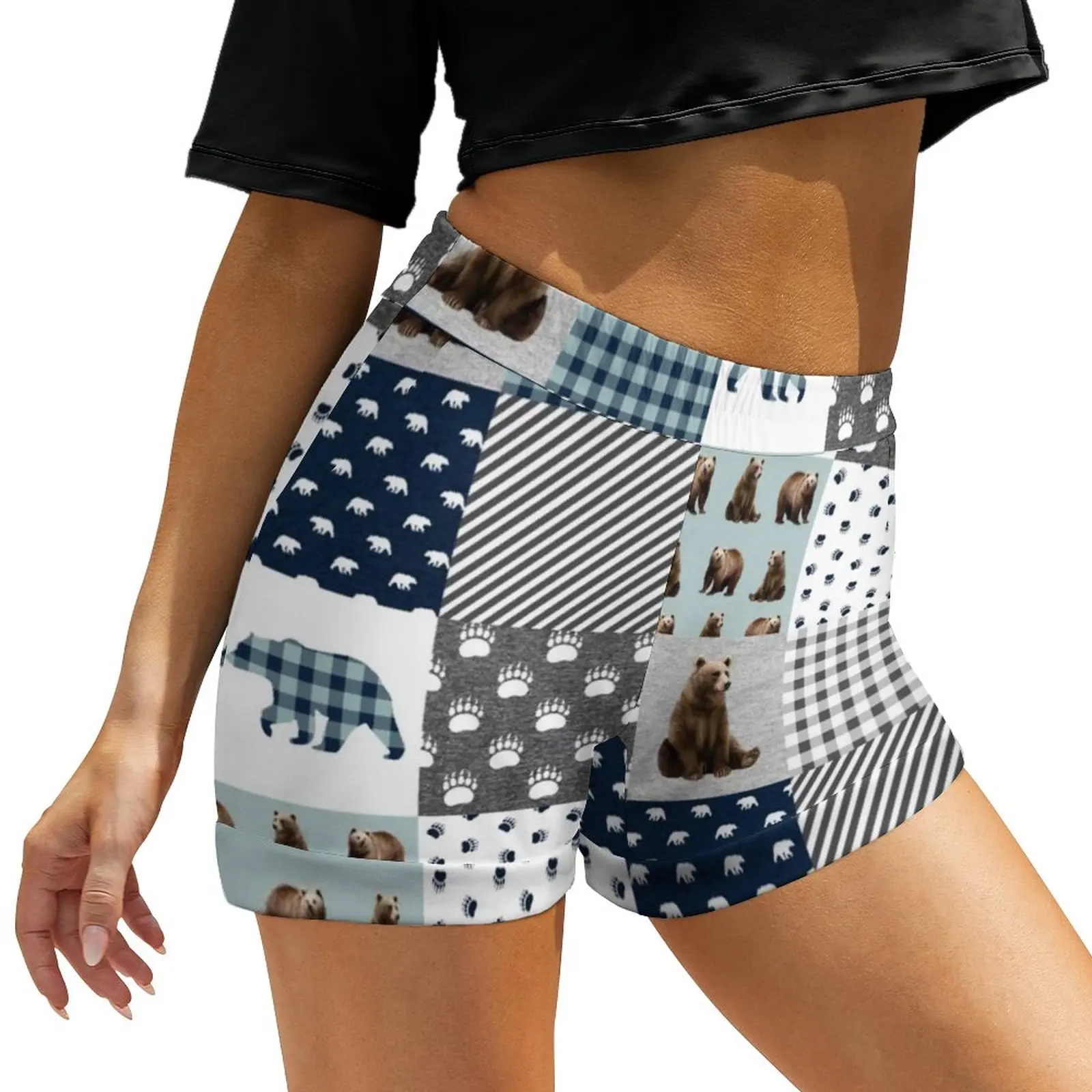 

Cute Bear Patchwork Shorts Female Plaid Forest Animal Casual Pattern Shorts High Waist Oversize Short Pants Elegant Bottoms
