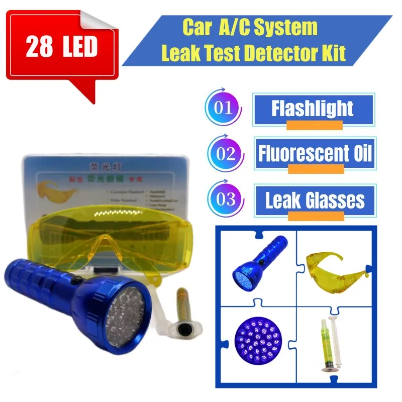 

Car Air Conditioning A/C System Leak Test Detector Kit 28 LED UV Flashlight Glasses Fluorescent oil Tool Set