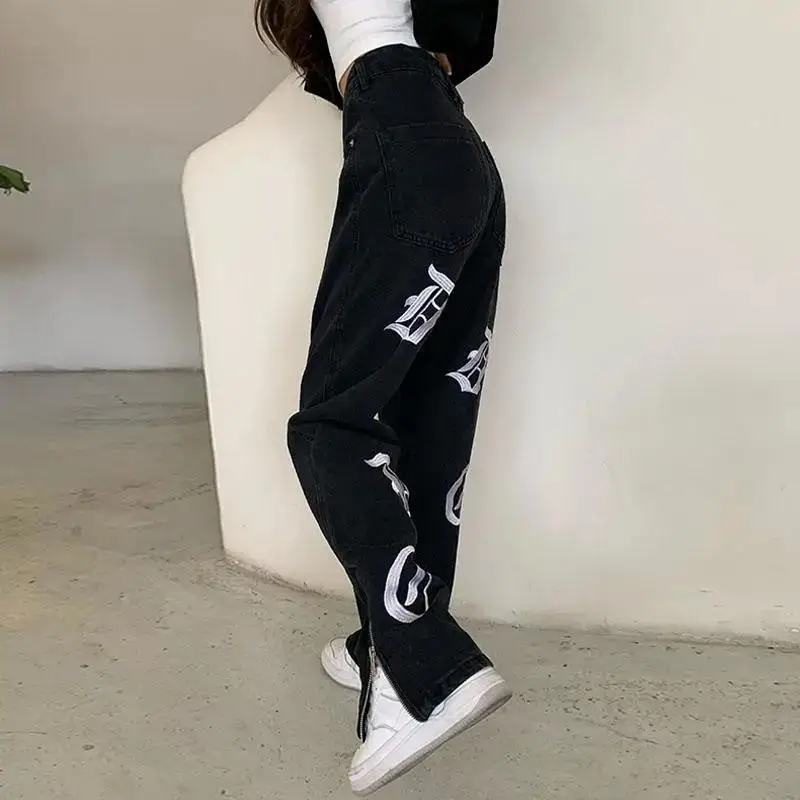 

Punk Y2K Jeans High Street Embroidered Pant Subculture American Women Black Trousers Personality Loose Wide-leg Slit Baggy Jean