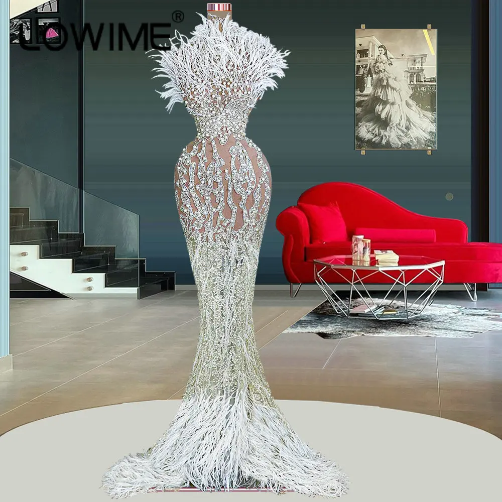

2022 Luxury Feathers Prom Dresses Sexy See Through Long Pearls Mermaid Evening Gowns Sparkly Elegant Woman Dress for Party