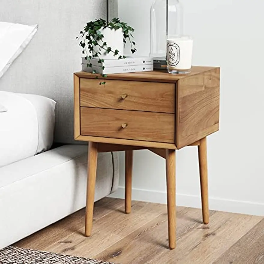 

32704 Harper Mid-Century Oak Wood Nightstand with 2-Drawers, Small Side End Table with Storage, Brown