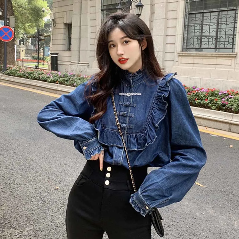 

2022 Hot Sale Women Sweet Denim Ruched Loose Slim Tiered Ruffles Jean Shirt Long Sleeves Tops Basic Female Shirt Blouse
