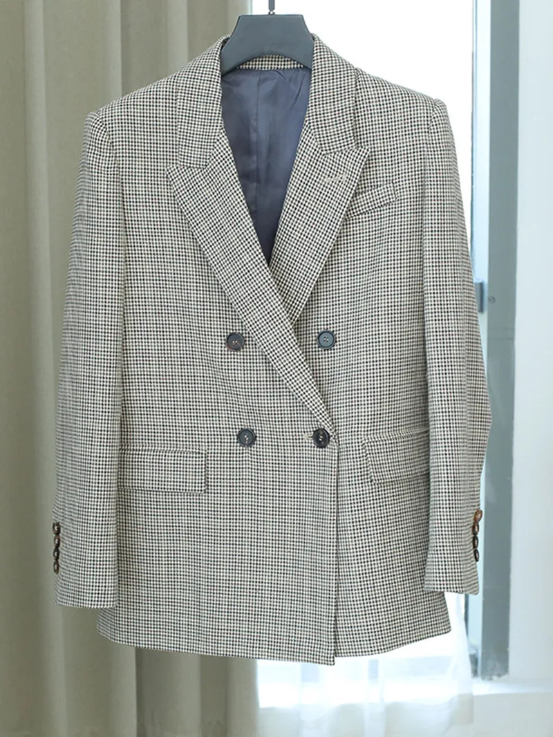 

Женский двубортный блейзер из твида с отложным воротником и длинными рукавами, модный прямой пиджак с карманами для офиса