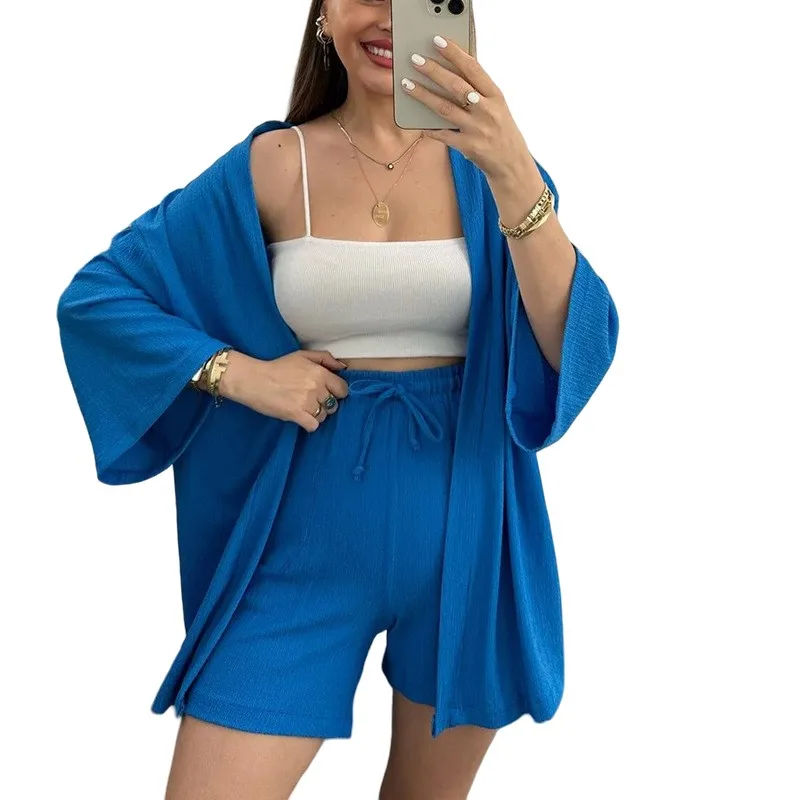 

Summer Women's Shorts Set Flared Sleeve Cape Cardigan Solid Color Pleated Tight Waist Shorts Temperament Commuter Two Piece Set