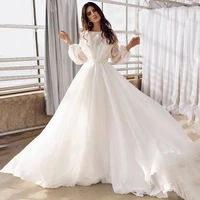 simple a line o neck wedding dress elegant long puff sleeve spaghetti straps bridal gown backless button illusion tulle train